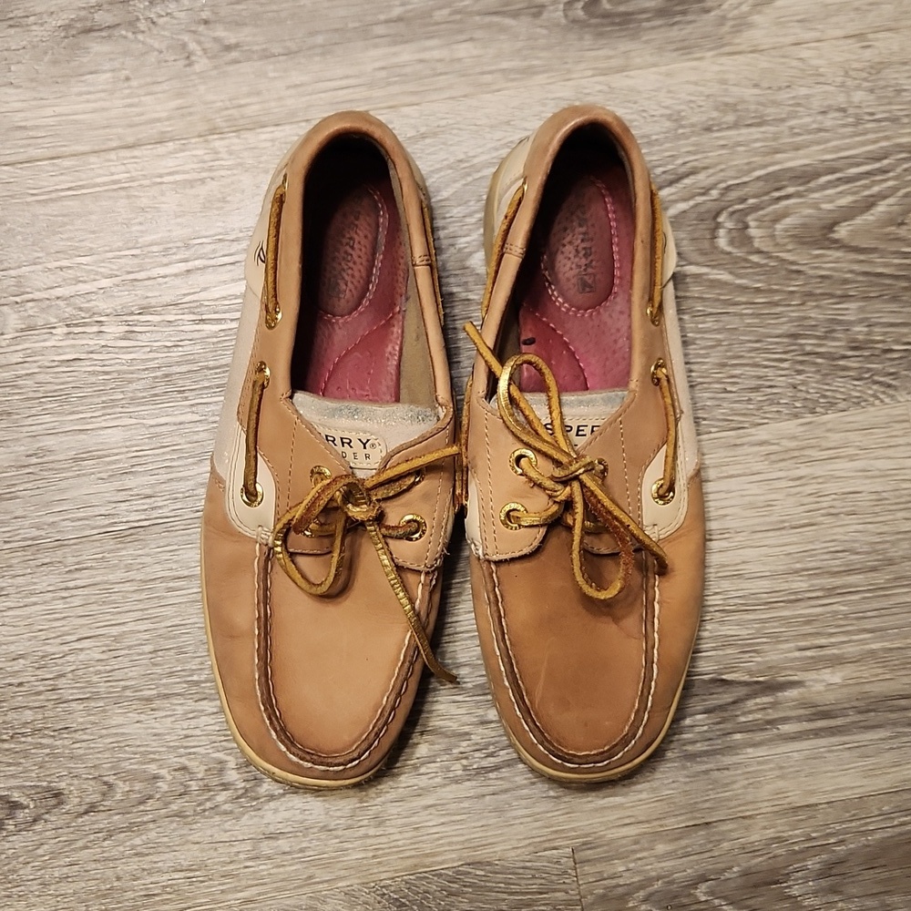Sperry Top-siders tan and gold sparkle 6.5